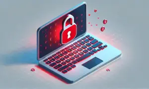 Laptop z czerwonym zamkiem na ekranie, symbolizującym bezpieczeństwo. Wokół unoszą się małe ikony kłódek. Zastanawiasz się, keylogger co to?