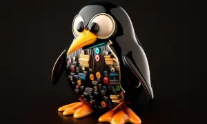 Tux, maskotka Linuksa, z widocznymi elementami płyty głównej, symbolizuje najnowszy linux i jego zaawansowaną technologię.