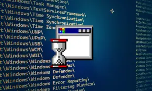 Ikona klepsydry i okno dialogowe symbolizują usuwanie aplikacji z systemu Windows.