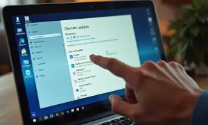 Palec wskazuje opcję "Turn off updates" na ekranie laptopa, pokazując jak wyłączyć aktualizacje Windows 10.