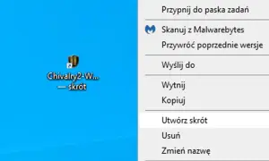 Menu kontekstowe z opcją "Utwórz skrót" obok ikony gry Chivalry 2.