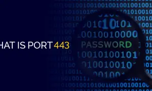 Co to jest port 443? Obraz przedstawia kod binarny i hasło, sugerując bezpieczeństwo sieci.