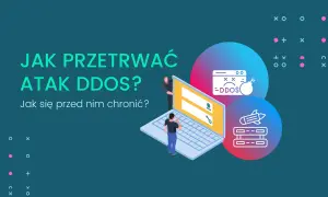 Jak przetrwać atak DDoS? Grafika pokazuje laptopa, na którym wyświetla się komunikat o ataku DDoS, oraz ikonę bomby i rakiety.