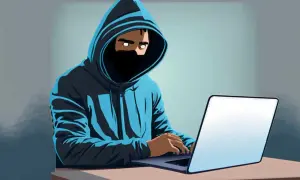 Postać w niebieskiej bluzie z kapturem i masce na twarzy pracuje przy laptopie. To może być przykład tego, czym jest doxing.