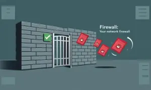 Solidna ściana z cegły, symbolizująca firewall, blokuje czerwone paczki z wirusami. Zielony znaczek potwierdza bezpieczeństwo.