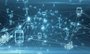 Sieć połączonych urządzeń, w tym ikony telefonu, komputerów i wykresów, z numerami identyfikacyjnymi.