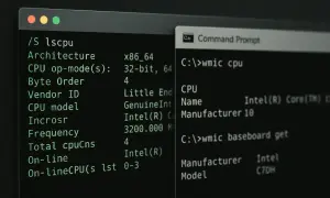 Terminal z komendami `lscpu` i `wmic` pokazuje szczegóły procesora, jak nazwa Intel Core i częstotliwość. To jakby `cpu-z linux` w akcji.