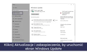 Ekran Ustawień Windows 10, sekcja Aktualizacje i zabezpieczenia. Widoczny komunikat o braku zgodności z wymaganiami Windows 11.