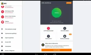 Ekran aplikacji AVG AntiVirus. Widoczne opcje: Skanuj, Zoptymalizuj RAM, Wyczyść śmieci. Brak opcji jak odinstalować AVG.