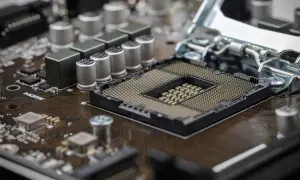 Gniazdo am4 na płycie głównej z widocznymi pinami i elementami elektronicznymi.
