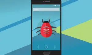 Grafika przedstawia smartfon z czerwoną kropką przypominającą wirusa na ekranie. Dowiedz się, jak wyczyścić telefon z wirusów.