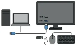 Ilustracja pokazuje, jak podłączyć monitor przez USB-C. Laptop jest połączony z monitorem kablem USB-C.