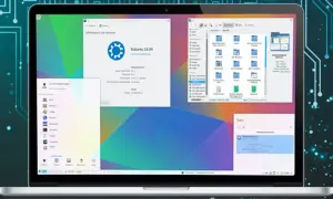 Laptop z systemem Kubuntu 15.04, wyświetlający okna z informacjami o systemie, menedżerem plików i siecią.