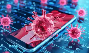 Czerwony wirus w telefonie na tle niebieskich obwodów drukowanych. Cyfrowa inwazja wirusa w technologii.