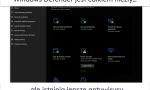 Interfejs Windows Defender pokazuje status ochrony: wirusów, konta, sieci i aplikacji. Wszystko działa poprawnie.