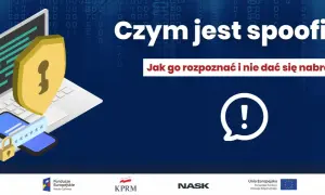 Grafika ilustruje czym jest spoofing: laptop, telefon, tarcza z kluczem i hasło. Jak go rozpoznać i nie dać się nabrać?