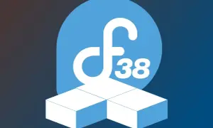 Logo Fedory 38 na niebieskim tle, z białym symbolem "f" i liczbą "38" oraz białymi sześcianami.