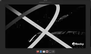 Abstrakcyjny motyw graficzny z logo Rocky Linux.