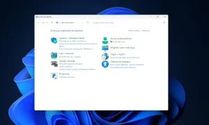 Panel sterowania z kategoriami: System i zabezpieczenia, Sieć i Internet, Sprzęt i dźwięk, Programy, Konta użytkowników, Wygląd i personalizacja, Zegar i region, Ułatwienia dostępu.