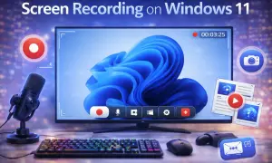 Chcesz wiedzieć, jak nagrac ekran Windows? Zobacz ten zestaw do nagrywania: monitor z ikonami, mikrofon, klawiatura i myszka.