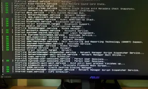 Ekran z logami startowymi systemu Linux, widoczne są komunikaty o uruchamianiu usług, w tym NetworkManager i dkms.