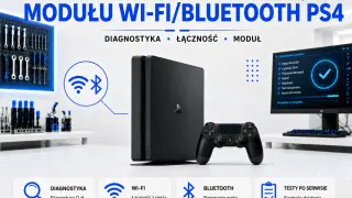 Konsola PS4 z kontrolerem, komputer z diagnostyką systemu. Wymiana modułu Wi-Fi/Bluetooth. Ta sieć Wi-Fi używa starszego standardu zabezpieczeń.