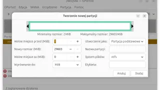 Okno GParted do tworzenia partycji. Ustawienia rozmiaru i systemu plików, przydatne gdy chcesz wiedzieć, jak usunąć partycje z dysku.