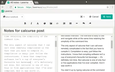 Notatki w aplikacji Laverna, tworzone są notatki o "calcurse post".