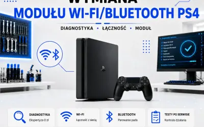 Konsola PS4 z kontrolerem, komputer z diagnostyką systemu. Wymiana modułu Wi-Fi/Bluetooth. Ta sieć Wi-Fi używa starszego standardu zabezpieczeń.