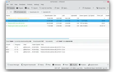 Widok programu KTorrent z listą pobieranych plików, w tym Fedora-Kinoite-ostree-x86_64-39.