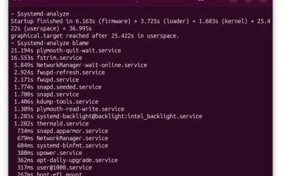 Analiza czasu uruchamiania systemu Linux. Wyniki `systemd-analyze blame` pokazują, które usługi spowalniają autostart.