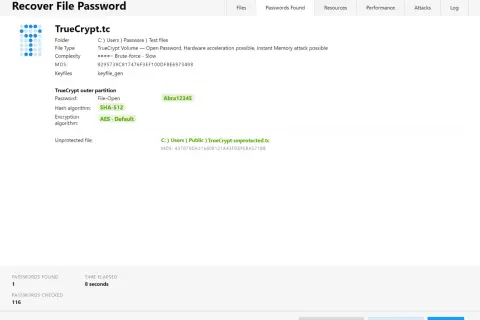 Odzyskiwanie hasła do pliku TrueCrypt.tc, użyto algorytmu SHA-512 i AES. Znaleziono 1 hasło.