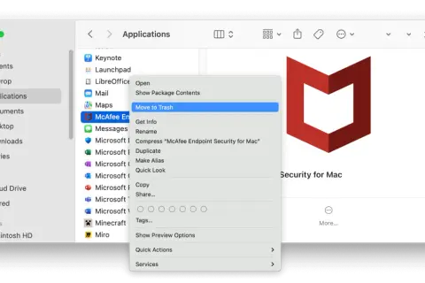 Jak odinstalować McAfee na Macu? Kliknij prawym przyciskiem myszy na ikonę aplikacji McAfee Endpoint Security i wybierz "Przenieś do kosza".