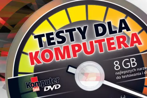 Grafika przedstawia wskaźnik prędkości z napisem "Testy dla komputera". Obok widnieje logo "Komputer Świat DVD" i informacja o 8 GB najlepszych narzędzi do testowania i diagnostyki.