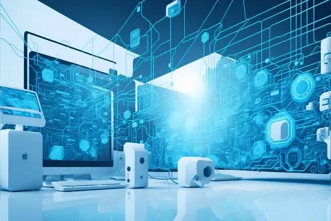 Nowoczesne komputery z niebieskim, cyfrowym interfejsem, symbolizującym aktualizację systemu i postęp technologiczny.