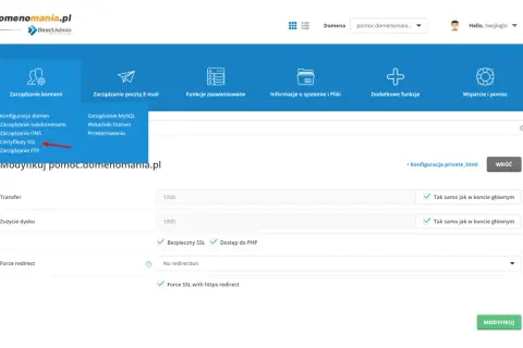 Panel DirectAdmin, menu "Zarządzanie kontami", opcja "Certyfikaty SSL". Umożliwia to konfigurację zabezpieczeń, np. z Let's Encrypt.