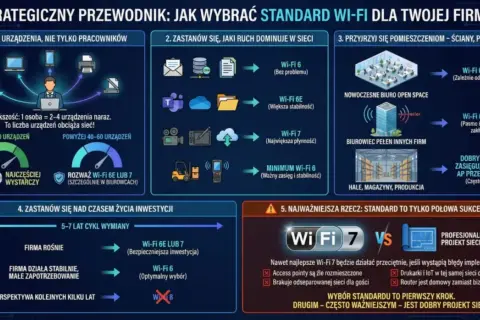 Przewodnik po wyborze standardu Wi-Fi dla firmy: analizuje liczbę urządzeń, ruch w sieci, pomieszczenia, cykl życia inwestycji i znaczenie dobrego projektu sieci, by zapewnić optymalną sieć wewnętrzną.