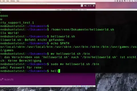 Terminal z poleceniami, w tym próba `export bash`. Widoczne są komunikaty o błędach i ścieżki systemowe.