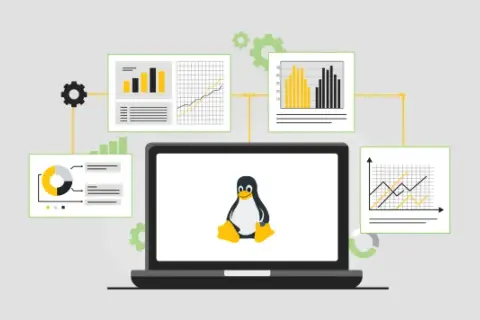 Grafiki i wykresy otaczają laptop z pingwinem Tuxem, symbolizując analizę danych i zasady cyberbezpieczeństwa w systemie Linux.