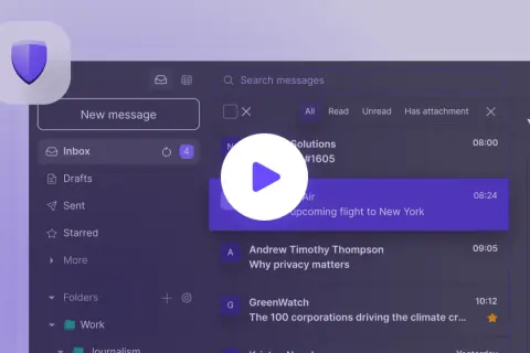 Interfejs poczty e-mail, przypominający Tutanota czy ProtonMail, z ikoną tarczy i listą wiadomości.