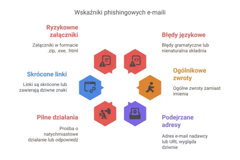 Wykres przedstawia wskaźniki kampanii phishingowej: ryzykowne załączniki, błędy językowe, skrócone linki, ogólnikowe zwroty, pilne działania i podejrzane adresy.