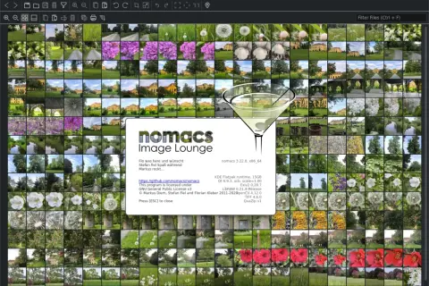 Okno programu nomacs z mozaiką zdjęć przyrody i budynków. W centrum koktajl i informacje o programie.