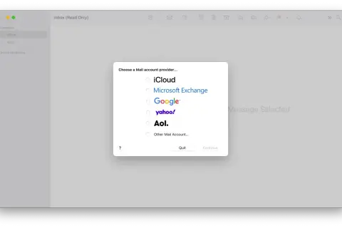 Okno wyboru dostawcy konta mailowego w aplikacji Mail. Dostępne opcje to iCloud, Microsoft Exchange, Google, Yahoo, AOL oraz inne konto mailowe.