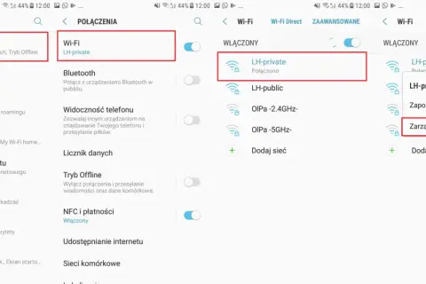 Jak zmienić DNS? Na ekranie telefonu widać opcje "Połączenia", "Wi-Fi", a następnie "Zarządzaj ustawieniami sieciowymi".