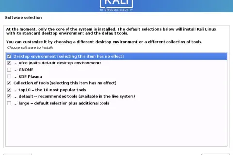 Instalacja Kali Linux ISO: wybór środowiska Xfce i popularnych narzędzi.