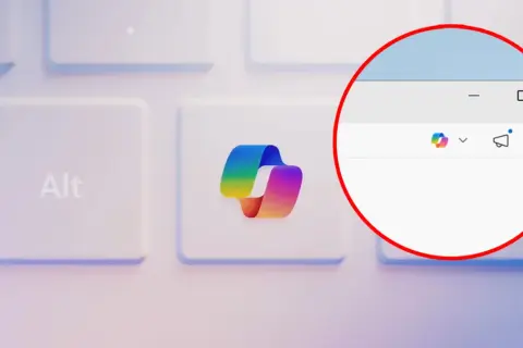 Klawiatura z klawiszem "Alt" i tęczowym logo. W okręgu widać okno z ikonami, w tym przypominającą Cortanę z Windows 10.