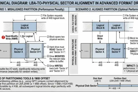 Diagram porównuje wyrównanie LBA do fizycznego sektora. Scenariusz 1 (nieprawidłowe wyrównanie) spowalnia zapisy, wymagając odczytu-modyfikacji-zapisu. Scenariusz 2 (prawidłowe wyrównanie) zapewnia optymalną wydajność. Wymagania dla Debian i innych sys...