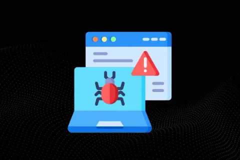Komputer z czerwoną kropką (robakiem) i ostrzeżeniem. To ilustracja pokazująca, czym jest malware.