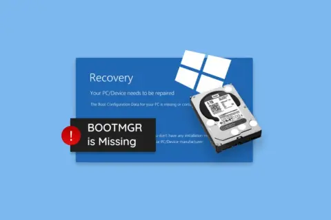 Komunikat o błędzie "BOOTMGR is Missing" na niebieskim tle, obok dysku twardego i logo Windows.