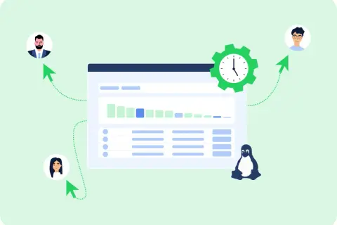 Grafika przedstawia pulpit z danymi, zegar i pingwina symbolizującego Linux. Wskaźniki pokazują przepływ informacji do użytkowników, sugerując efektywne zarządzanie czasem.